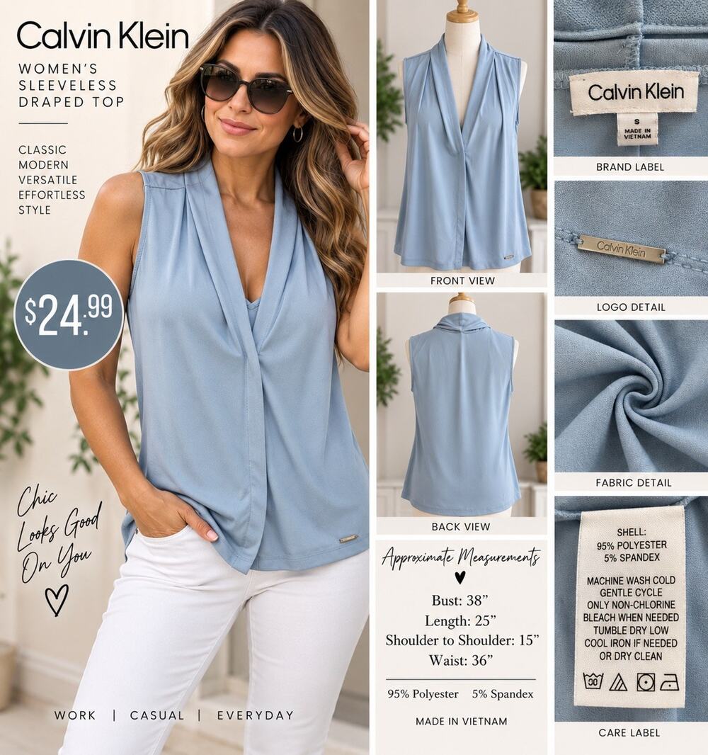 Calvin Klein Womens S Blue Sleeveless Draped Open Front Stretch Blouse Top